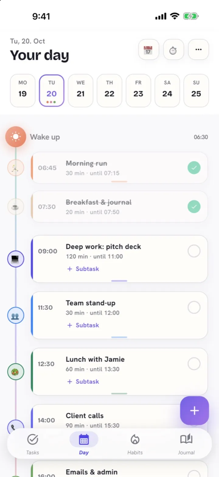 DoStreak-Tagesplan mit Zeitblöcken vom Morgenlauf bis zum Abend-Yoga